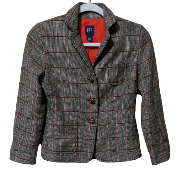 Gap wool blend plaid blazer faux leather wrap button lined preppy busine… - Picture 12 of 12